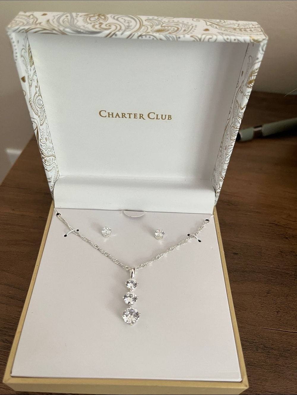 NEW Charter Club Silver-Tone Triple Crystal Pendant Necklace w/ Stud Earrings
